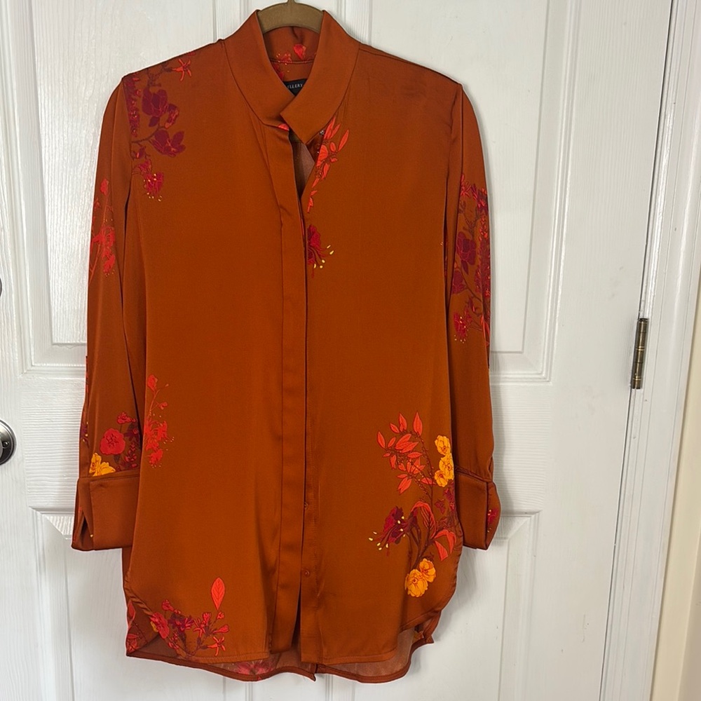 ELLERY Rusty Brown Silk floral print blouse hidden button mock neck size 0